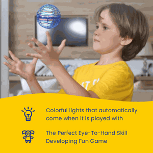 Child playing indoors with Galaxy Lights Flying Magic Orb showing colorful LED lights and hand-eye coordination fun