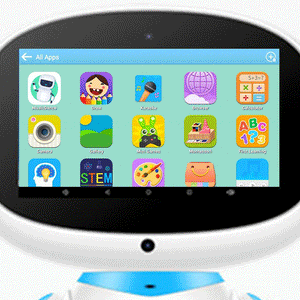 AI-powered STEM learning robot screen displaying educational and interactive apps for kids aged 6+