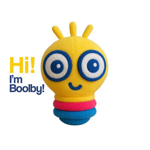 Yellow learning buddy plush toy with big blue eyes and colorful rings, named Boolby.