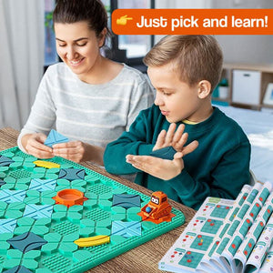 Build-A-Path Logic Puzzle with bulldozer toy and 118 challenge cards for STEM learning and problem-solving