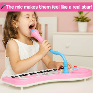 Children playing with 2-in-1 My First Piano & Microphone Set toy piano and detachable microphone