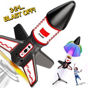 Sky & Beyond Rocket Launcher toy with parachute recovery, USB rechargeable, launches over 50 meters for outdoor STEM learning and fun.