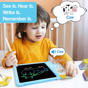 Child using SmartTrace multi-sensory learning tablet with colorful LCD tracing and audio flashcards