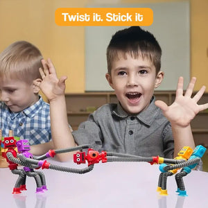 Colorful BendyBuddy Stick-Anywhere Fidget Toys with flexible tubular limbs and suction cups for creative, stickable play