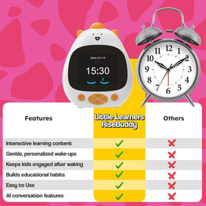 AI Powered RiseBuddy smart learning alarm clock with colorful touchscreen and friendly AI for kids