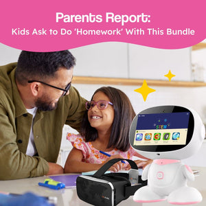 Child playing with AI robot and VR headset for immersive STEM learning and virtual exploration