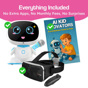 AI-powered robot and VR headset educational set for kids combining physical and virtual learning.
