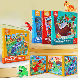 Colorful magnetic puzzle book for kids featuring dinosaur and animal themes with interactive learning pieces