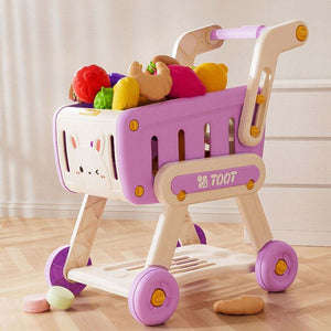 Colorful children's pretend shopping cart toy made of durable plastic for imaginative play ages 3-6