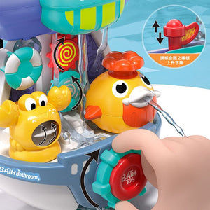Spinning water-spraying bath toy for kids made of safe ABS plastic in ivory white and fog blue colors