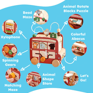 Wooden Montessori Busy Bus with 8 educational activities including xylophone, bead maze, spinning gears, shape sorter, and puzzles for toddlers.