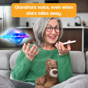 Elderly woman engaging with Mama & Papa Bear AI powered plushie via voice from a distance