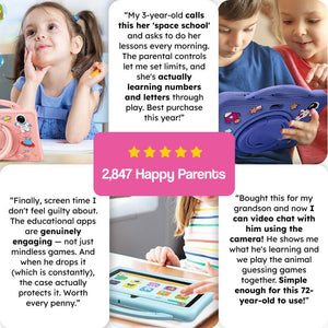 children using shockproof learning tablet with colorful astronaut case and educational apps