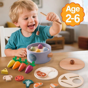 Little Chef Montessori healthy cooking set with wooden veggies, utensils, and pot for ages 2-6 playful learning