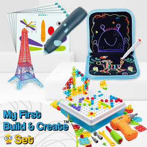 My First Build & Create Set with 3D pen, puzzle board, drawing book, and building tools for creative play and skill development in children.