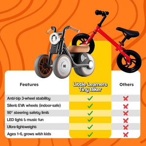 Tiny Biker Anti-Tip Light ride-on motorcycle for toddlers with 3-wheel stability, silent EVA wheels, LED lights, and music features.