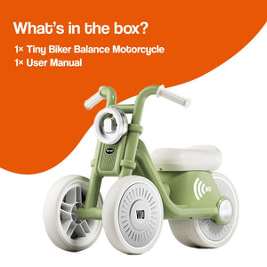 Tiny Biker Anti-Tip Light kids balance motorcycle with anti-tip design and silent EVA wheels.