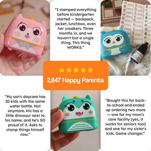 TinyStamper customized name stamp for kids' belongings with waterproof ink and refillable design