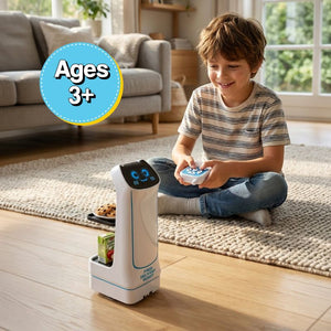 SnackBot delivery robo-kitty rolling with light-up cat-face eyes and remote control for kids ages 3+