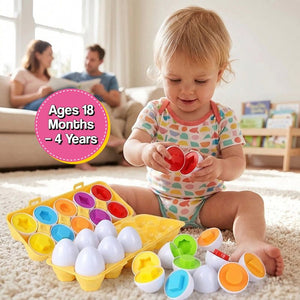 Montessori shape and color matching eggs toy with 12 colorful matching pairs in reusable carton for toddlers 18 months+