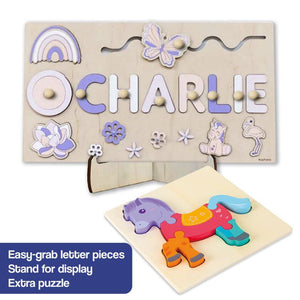 Custom Name Montessori Board with personalized wooden name puzzle and extra colorful animal puzzle for kids learning and play
