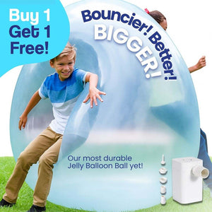 Children playing outdoors with a giant inflatable blue Jelly Balloon Ball and white pump, buy 1 get 1 free offer.