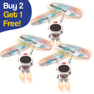 Galaxy Lights Flying Magic Orb drone toy with colorful LED lights and astronaut design, flying and spinning in action, buy 2 get 1 free offer