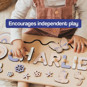 Child playing with Custom Name Montessori Board personalized wooden name puzzle encouraging independent play