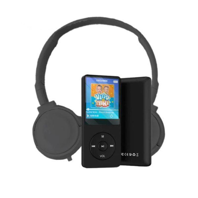 Black MP3 player with color screen and wired headset for kids, internet-free music and ebook device