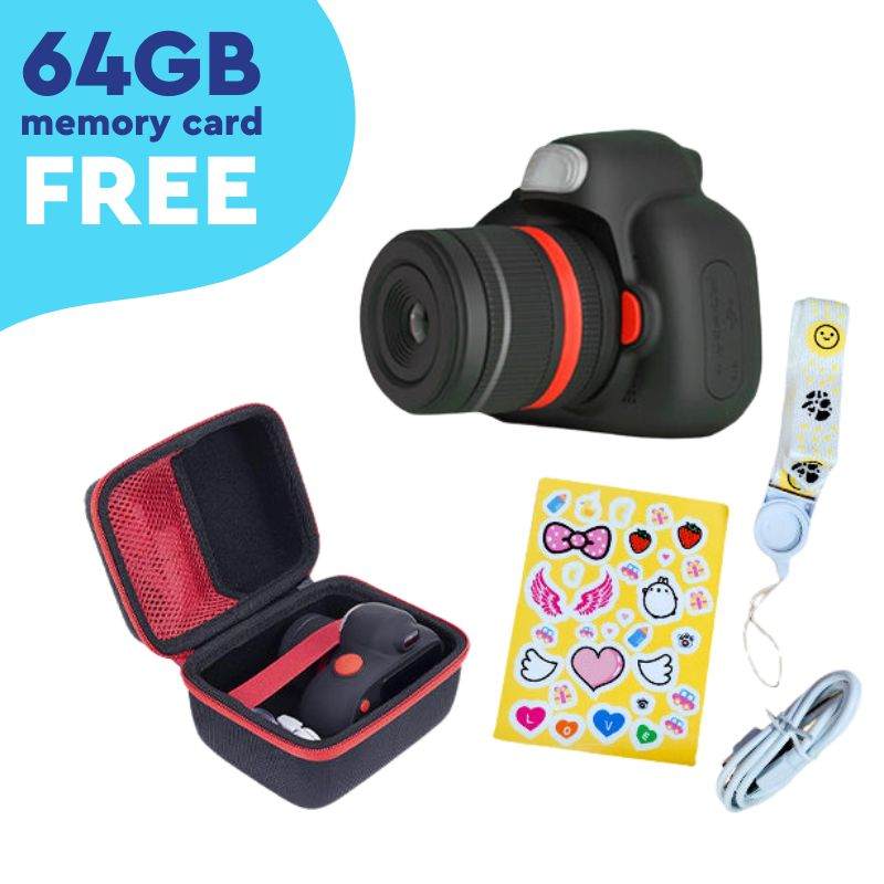 Mini Photographer Digital Camera for kids with dual lenses, autofocus, 64GB memory card, protective case, USB cable, lanyard, and fun stickers in Christmas design