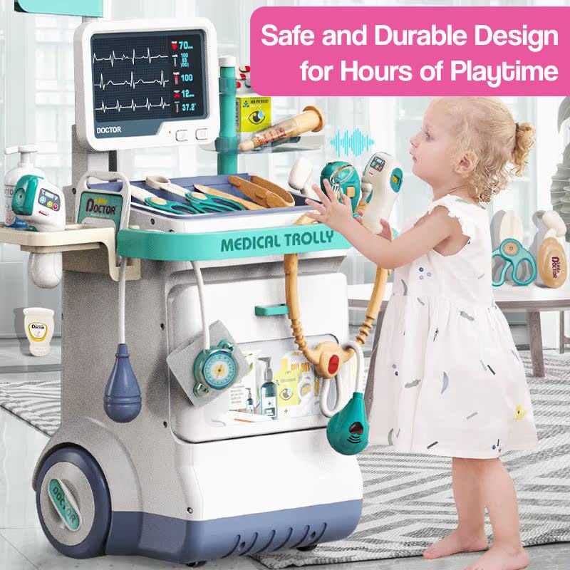 Child playing with Little Doctor Adventure Play Kit medical trolley with lights and sounds