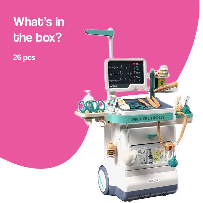 Little Doctor Adventure Play Kit 26-piece medical trolley toy with lights and sounds for kids.