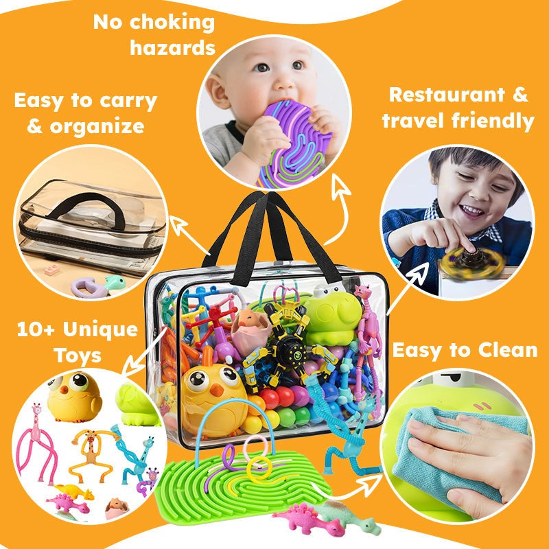 Clear screen-free busy bag with 10+ colorful sensory and STEM toys for ages 3-8, travel and restaurant friendly, easy to carry and clean