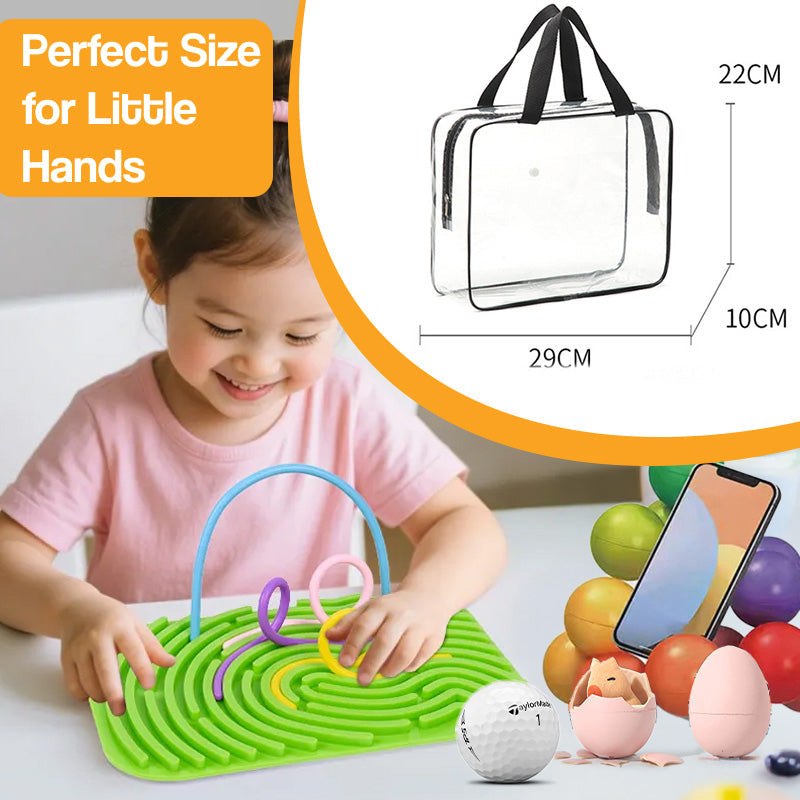 Child playing with green sensory toy from screen-free busy bag with clear airport-approved storage pouch shown with dimensions