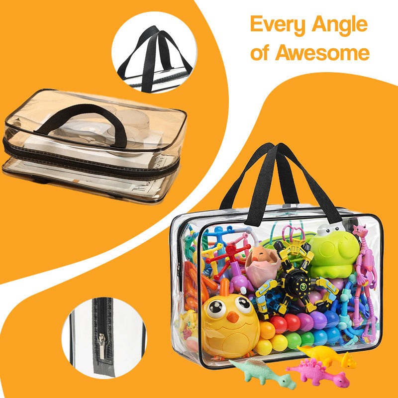 Clear reusable screen-free busy bag with 9 colorful toys for sensory and STEM play for ages 3-8