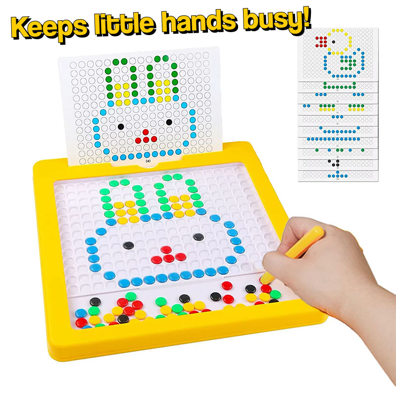 Child using colorful magnetic drawing board with pattern cards for creative bead placement and fine motor skill development