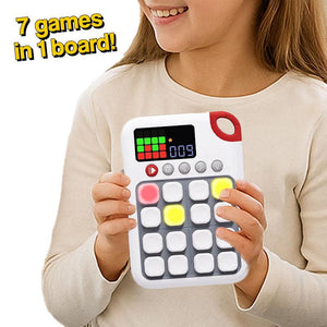 child holding smart 7-in-1 sudoku board with LED display and colorful buttons for logic and memory games