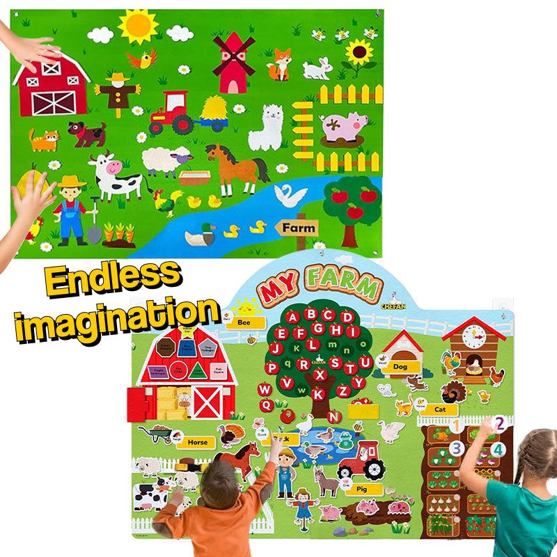 FarmPlay Velcro Learning Board duo with colorful felt farm animals and alphabet pieces for toddlers aged 2+ engaging in creative play and learning.