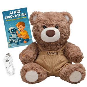 Mama & Papa Bear AI-powered plushie with USB cable and children's AI guide book, soft brown teddy bear with suspenders named Baby, interactive voice storyteller and companion for kids.