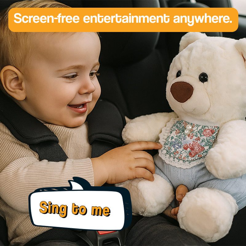 Toddler interacting with Mama & Papa Bear AI powered plushie offering screen-free entertainment