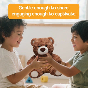 Two children happily playing with Mama & Papa Bear AI powered plushie teddy bear in a bright room