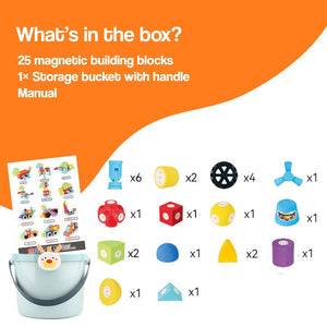 Soft Magnetic STEM Building Blocks set with 25 colorful EVA foam magnetic pieces and storage bucket for safe, water-friendly STEM play.