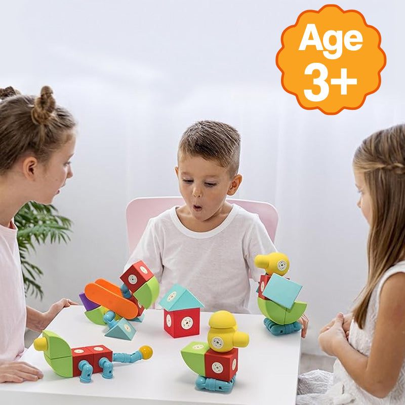 Children playing with ClickBlox soft magnetic STEM building blocks toy set, safe for ages 3 and up
