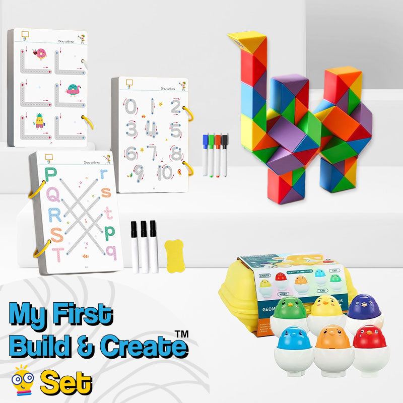 My First Build & Create Set with colorful puzzle blocks, interactive educational cards, whiteboard pens, eraser, and squeaky eggs for creative play and skill development in children.