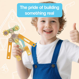 Happy child showing wooden toy creation with Daddy's Buddy STEM Wooden Workbench, giving thumbs up