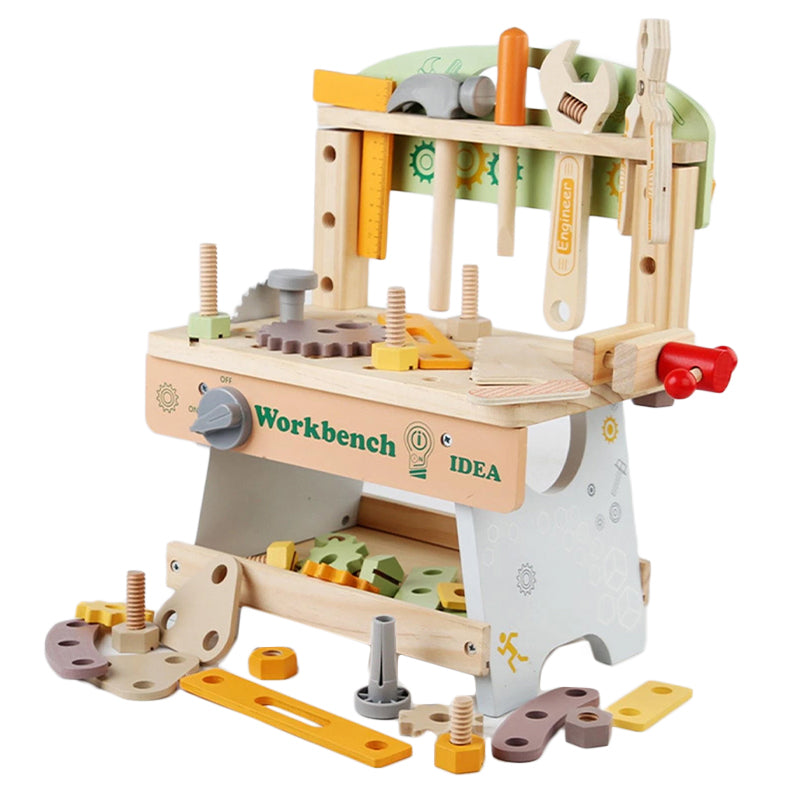 Daddy's Buddy STEM Wooden Workbench with realistic wooden tools, working gears, and compact design for kids aged 3 and up.