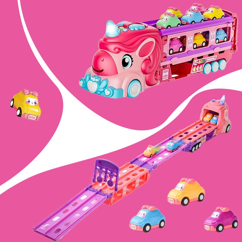 Unicorn Express dual racing truck toy with colorful mini cars and foldable track for kids ages 3+
