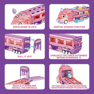 Unicorn Express dual racing truck toy with transforming track and colorful mini cars for kids ages 3+