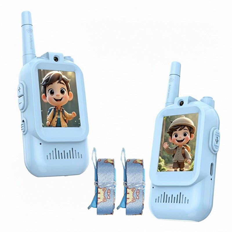 Blue Face-to-Face Video Walkie Talkie set for kids with screen and safety lanyards
