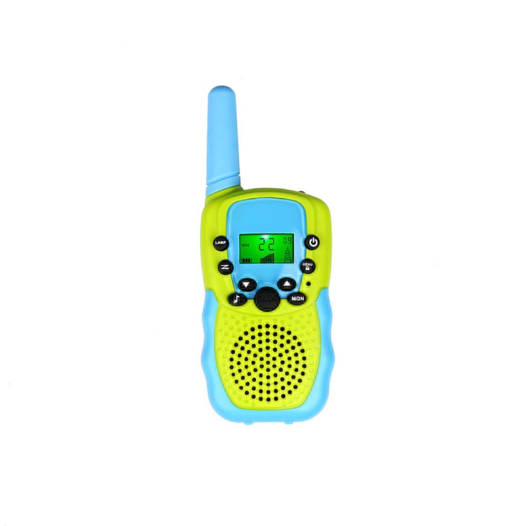 Bright green and blue extra walkie talkie for kids with LCD screen and buttons
